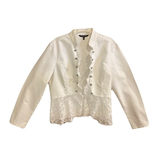Baccini White Denim Peplum Lace Ruffles Jacket Sz L Steampunk Military Romantic - Picture 1 of 11